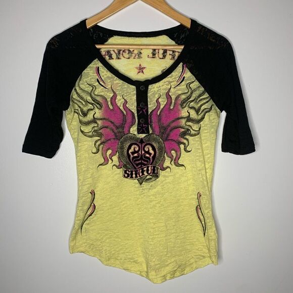 Sinful burnout Henley T-shirt. Small - Picture 1 of 4